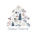 Christmas vector hand drawn fir tree form xmas doodle scandinavian elements gift, owl, snowflake. Merry Christmas text Royalty Free Stock Photo