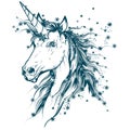 Christmas vector hand drawn unicorn with blue snowflakes