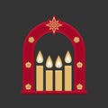 Christmas vector illustration. Four Advent candles lit in anticipation of the birth of Jesus Christ