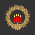 Christmas vector illustration. Four Advent candles lit in anticipation of the birth of Jesus Christ, framed by a spruce wreath