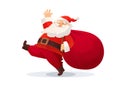 Christmas vector illustration. Funny cartoon Santa Claus with huge red bag with presents. Royalty Free Stock Photo