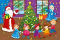 Santa Claus And Children Dancing Around Christmas Tree