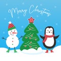 Christmas vector illustration - snowman and penguin dancing near Christmas tree on blue background with snow and snowflakes