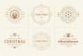 Christmas vector ornate labels and badges set, happy new year and winter holidays wishes typography for greeting cards Royalty Free Stock Photo