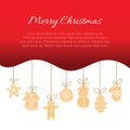 Christmas vector postcard template with wavy red gradient border and gingerbread cookies decoration on jute threads
