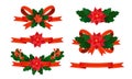 Christmas vector ribbon decoration set with holly, satin bow and poinsettia flower Royalty Free Stock Photo