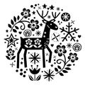 Christmas vector round design with reindeer, flowers, cute Scandinavian folk art pattern in black on white background - Merry Chri Royalty Free Stock Photo