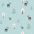 Christmas vector seamless pattern with cute deer and fir trees. winter holiday design. Wallpaper, textiles, wrapping, card, print Royalty Free Stock Photo