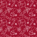 Christmas vector seamless pattern in Doodle style. White contours on a red background. Christmas decorations, gifts, candy cane Royalty Free Stock Photo