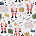 Christmas vector seamless pattern. Gift bag, Santa Claus, gifts, decorations. Hand-drawn simple design Royalty Free Stock Photo
