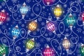 Christmas vector seamless pattern with a glowing garland of colorful lanterns