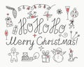 Christmas vector set of icons in doodle style and hand-drawn text. Royalty Free Stock Photo