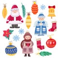 Christmas vector set with toys, snowman, angel, snowflakes, Santa Claus, fir twig.