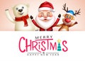 Christmas vector template design. Merry christmas text with jolly santa claus, reindeer and polar bear xmas characters for holiday Royalty Free Stock Photo