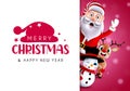 Christmas vector template design. Merry christmas typography text in white space with happy santa and snowman characters. Royalty Free Stock Photo