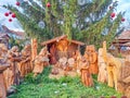 Christmas vertep, scene of birth of Jesus Christ toys. Holiday composition, Royalty Free Stock Photo
