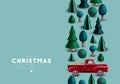 Christmas vertical border with Christmas trees and  vintage toy red pickup truck. Royalty Free Stock Photo