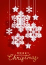 Christmas vertical greeting card with paper snowflakes and stars on red background for Your holiday design Royalty Free Stock Photo