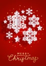 Christmas vertical greeting card with paper snowflakes and stars on red background for Your holiday design Royalty Free Stock Photo