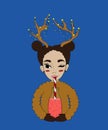 christmas vertical illustration. cute christmas girl with two bunches on her head and deer horns with a garland, in a brown fur Royalty Free Stock Photo