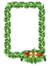 Christmas vertical photo frame from coniferous evergreen branches with bow and asterisks - sparkles - vector