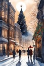 Christmas vibe, street view on christmas night and silhouette of people walking around, christmas tree, building, printable, 8k