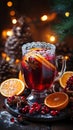 Christmas vibes. Mulled wine ingredients on festive background. Hot red punch drink