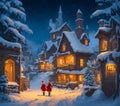 Christmas village with decorated wooden houses, Santa Claus, New Year tree with decorations on New Year\'s night Royalty Free Stock Photo