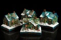 Christmas village houses made of cloisonnÃ© enamel, isometric, reflections