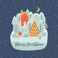 Christmas village illustration Christmas landscape at night. Snowy merry christmas town, forest, moon vector Royalty Free Stock Photo