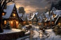 Christmas village night landscape. Winter snowy cozy street with lights in houses. Winter holidays night time backdrop. Merry
