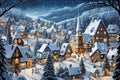 Christmas village night landscape. Winter snowy cozy street with lights in houses. Winter holidays night time backdrop. Merry Royalty Free Stock Photo
