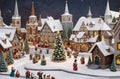 A Christmas village scene with a church, town square, and snow-covered streets, Generated AI