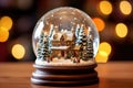 Christmas village in snow globe with golden lights in the background Royalty Free Stock Photo