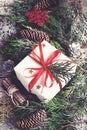 Christmas Vintage card. Festive Gift box, coniferous branches a Royalty Free Stock Photo