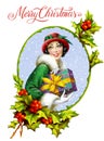 Christmas vintage illustration, girl with gift in retro style in holly berry frame