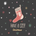 Christmas vintage card with with hand drawn knitted sock and text 'Have a Cosy Christmas'