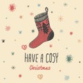 Christmas vintage card with with hand drawn knitted sock and text 'Have a Cosy Christmas'