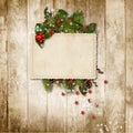 Christmas vintage card with holly, firtree and grunge postcard. Greeting card with copy space Royalty Free Stock Photo