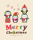 Funny Christmas greeting card poster design. Cute penguins. Vector illustration.