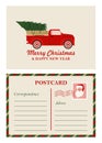 Christmas Vintage Greeting Postcard with retro red pickup truck car and Santa Claus. Xmas Vector illustration in flat Royalty Free Stock Photo