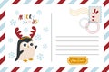 Christmas vintage postcard banner with penguin in horns. Striped border, place for text and mail stamp. Lettering. Funny