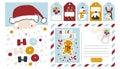 Christmas vintage postcard banner with Santa Claus, gingerbread man and tags. Striped border, place for text and mail Royalty Free Stock Photo