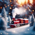 Christmas vintage red train in winter snow forest Royalty Free Stock Photo