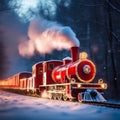 Christmas vintage red train in winter snow forest Royalty Free Stock Photo