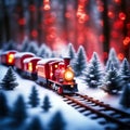 Christmas vintage red train in winter snow forest Royalty Free Stock Photo