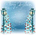 Christmas vintage streetlamps and fur trees Royalty Free Stock Photo