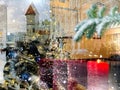 Christmas  vitrines trees decoration reflection on street vitrines snowflakes and gold confeti on glass  at holiday urban st Royalty Free Stock Photo