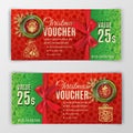 Christmas voucher for business. Green red background for department stores, business. Gold snowflake badge. Portrait of Royalty Free Stock Photo