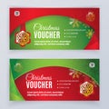 Christmas voucher template. Flyer for business. Green red background for department stores, business. Gold snowflake badge. Royalty Free Stock Photo